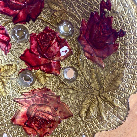 Vintage Goofus Glass Reverse Painted Gold with Red Roses Footed Glass Bowl - Picture 3 of 7